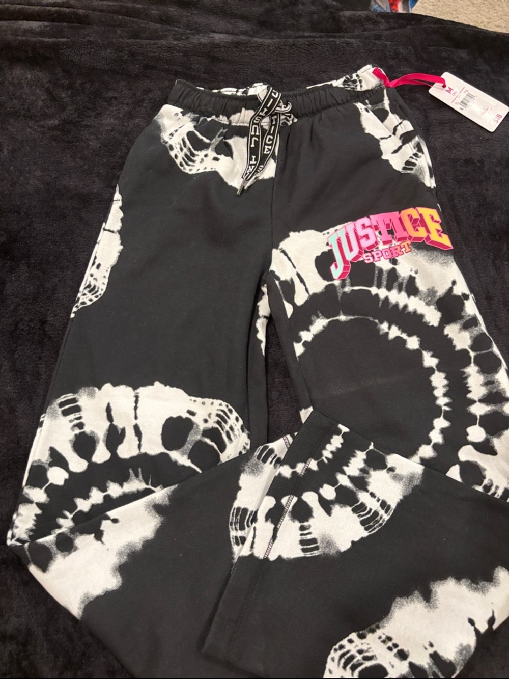 Justice Black & White Tie-Dye Joggers with Pink & Yellow Logo